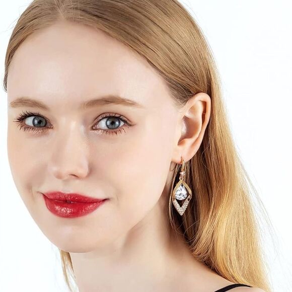 14K Yellow Gold with White Diamond Austrian Crystal Halo Leaf Teardrop Earrings - Picture 6 of 7